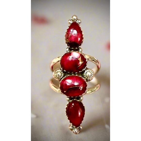 LStunning Red Rose Dahlia Teardrop Four Stone Long Ring Size 8 - Picture 3 of 8
